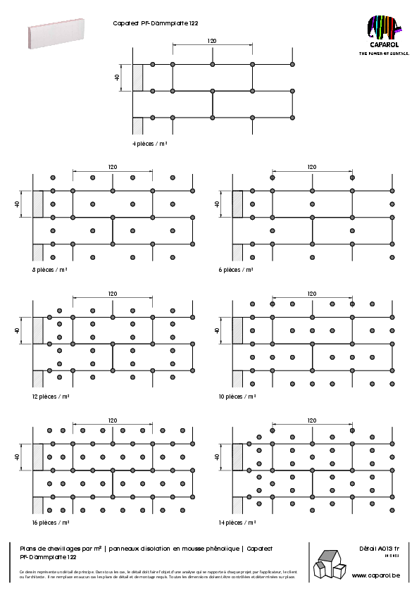 Détail A013 : Plans de chevillages par m² | panneaux d'isolation en mousse phénolique | Capatect Détail A013 fr PF-Dämmplatte 122