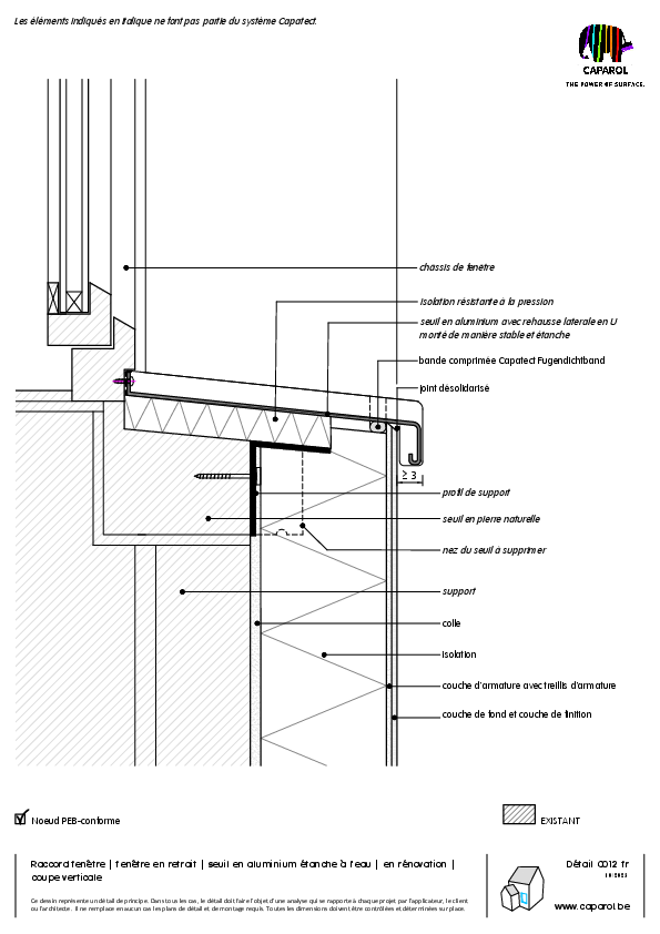 Détail C012 : Raccord fenêtre | fenêtre en retrait | seuil en aluminium étanche à l'eau | en rénovation | coupe verticale