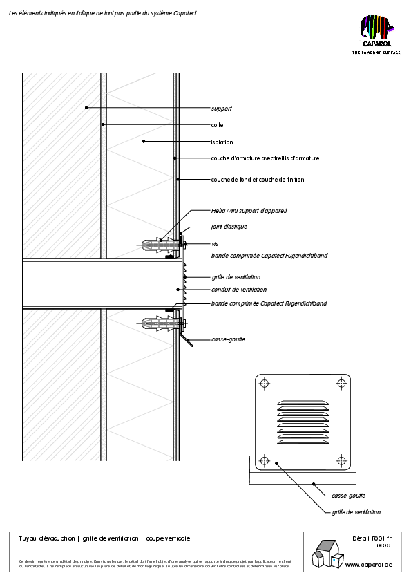 Détail F001 : Tuyau d'évacuation | grille de ventilation | coupe verticale