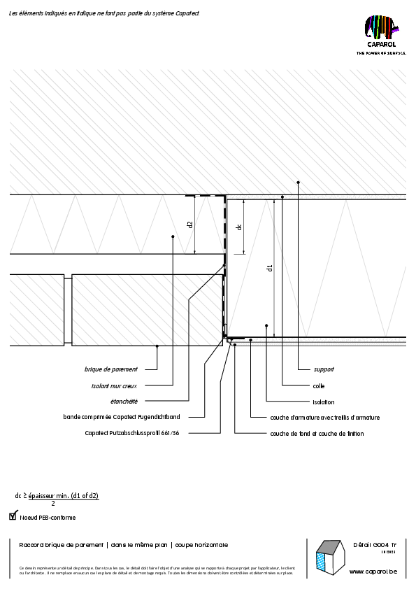 Détail G004 : Raccord brique de parement | dans le même plan | coupe horizontale